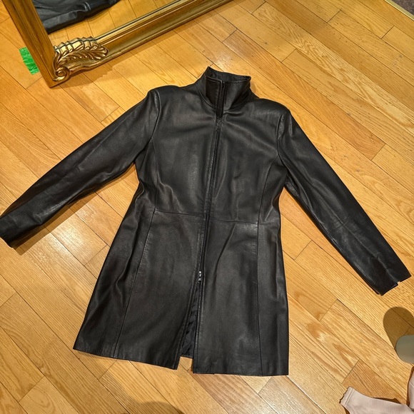 Vintage handmade Giotto Italy Black Leather Zip Coat Tailored Runway Jacket 46 - Picture 8 of 12